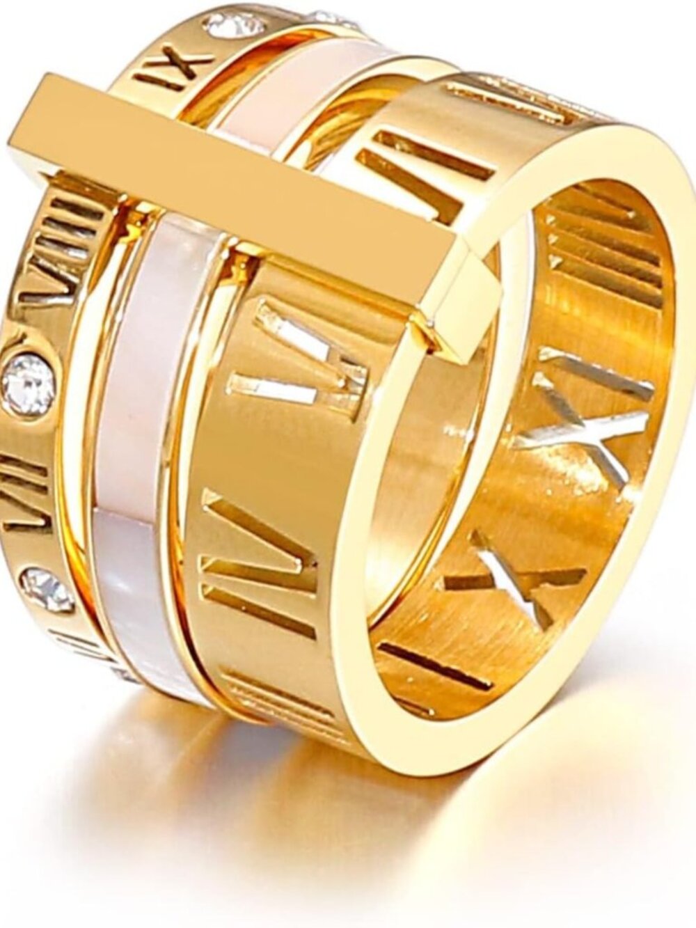 Stainless Steel CZ Roman Numeral Stacking Ring for Women - 3-in-1 Spinner Design
